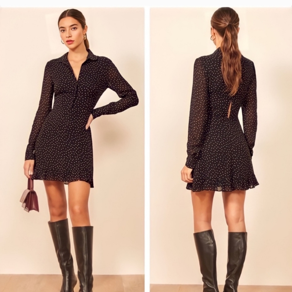 Reformation Black Mini Dress with White Dot Print